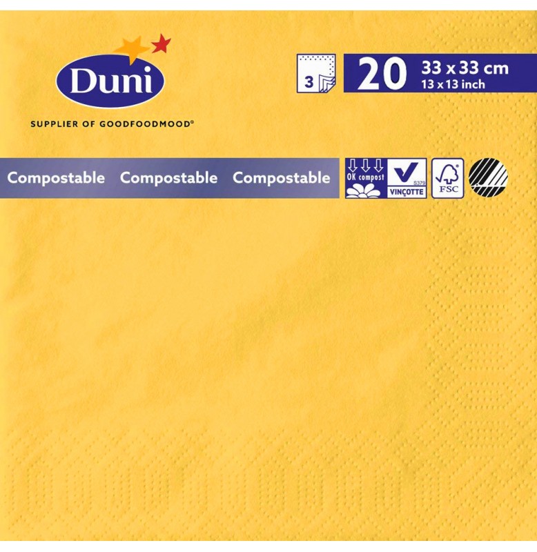 Салфетки 3-слойные, бумажные Duni Tissue, цвет: Жёлтый, размер 33 х 33 см, 20 штук
