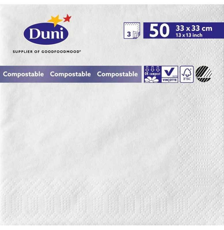 Салфетки 3-слойные, бумажные Duni Tissue, цвет: Белый, размер 33 х 33 см, 50 штук